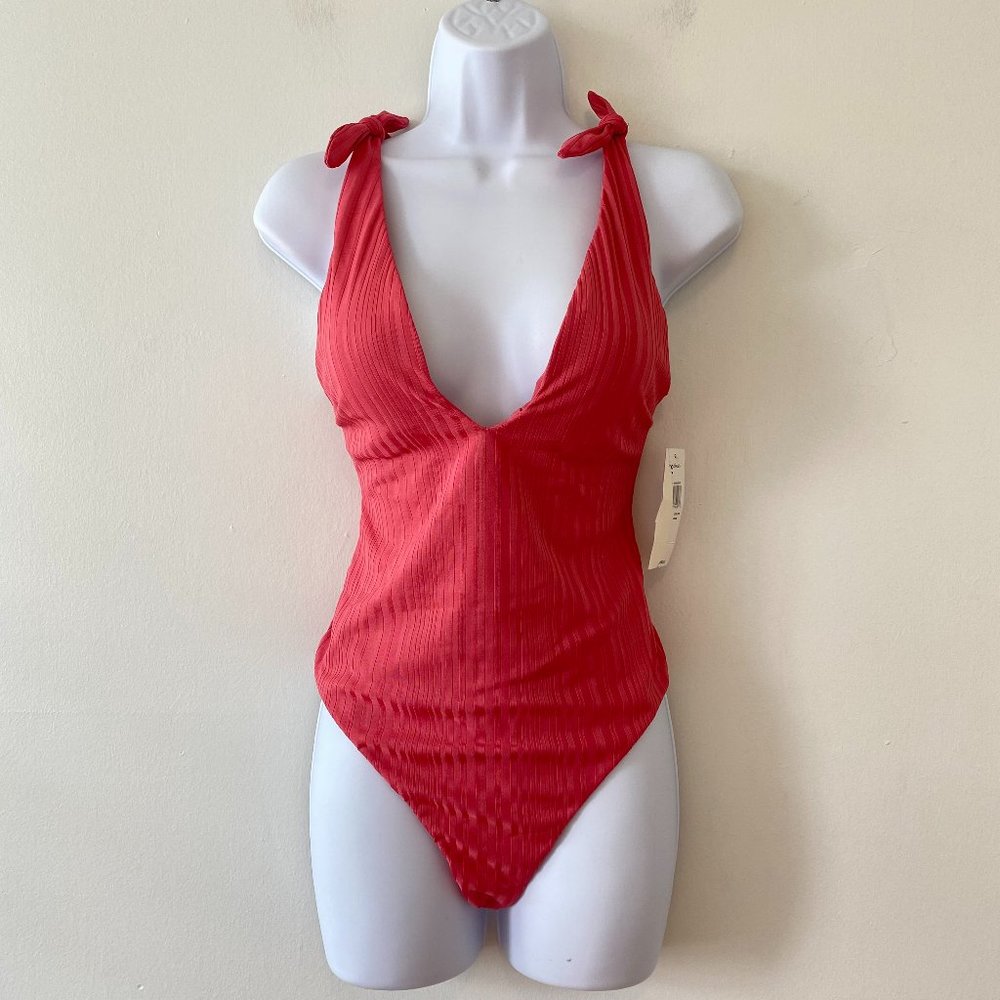 Raisins Pink Ribbed One Piece Swimsuit Plunge Front Cheeky Medium